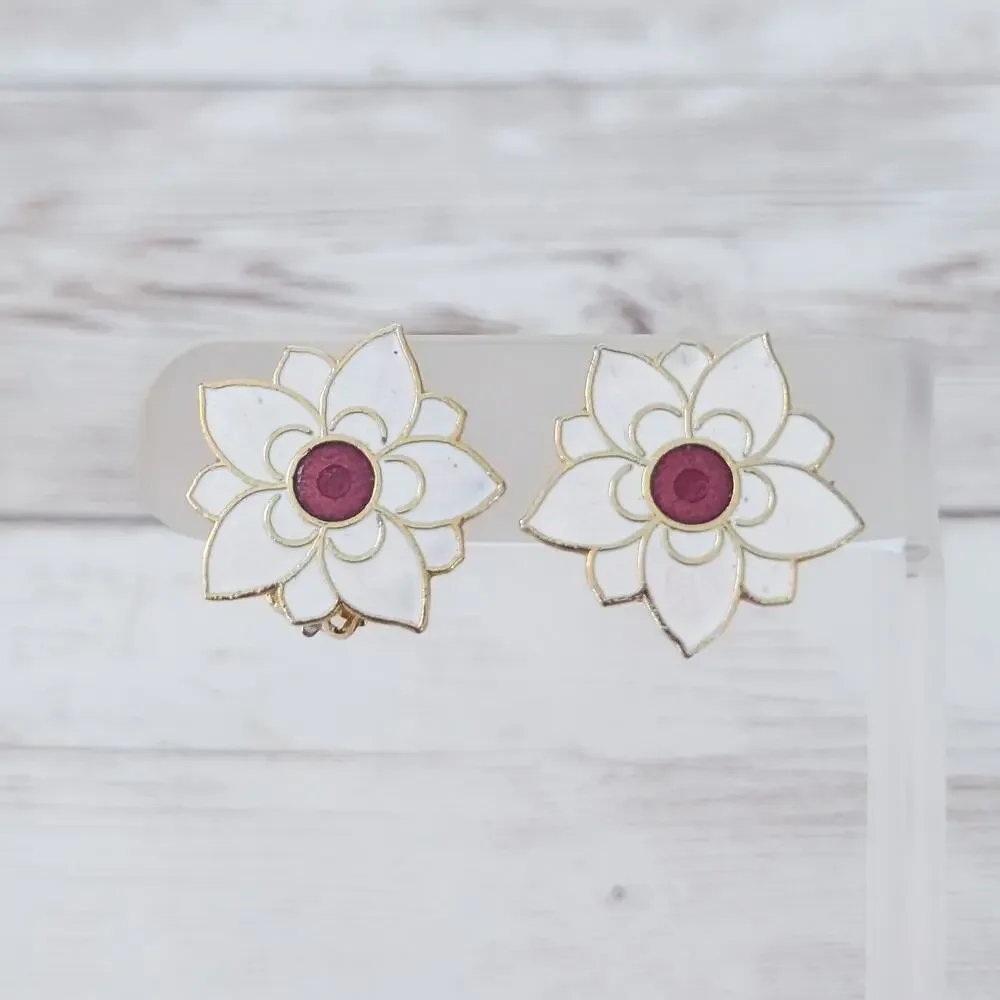 Vintage Clip On Earrings Large Flower White & Red Statement - Some Marks